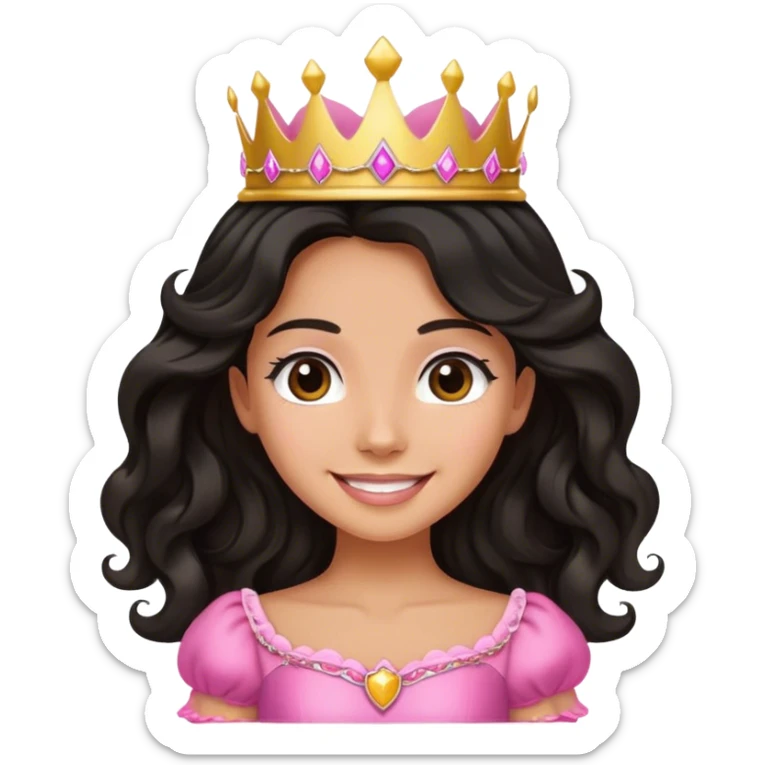 Very tanned princess, with long black wavy hair and a crown, a pink princess Outfit. In love sticker