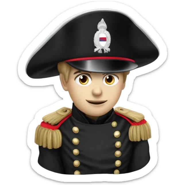 French soldier with white skin of Napoleon era in black cylinder hat and black Napoleon era uniform sticker
