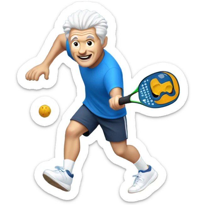 White middle aged man with salt and pepper hair with blue shorts and t shirt and white shoes playing pickleball  sticker