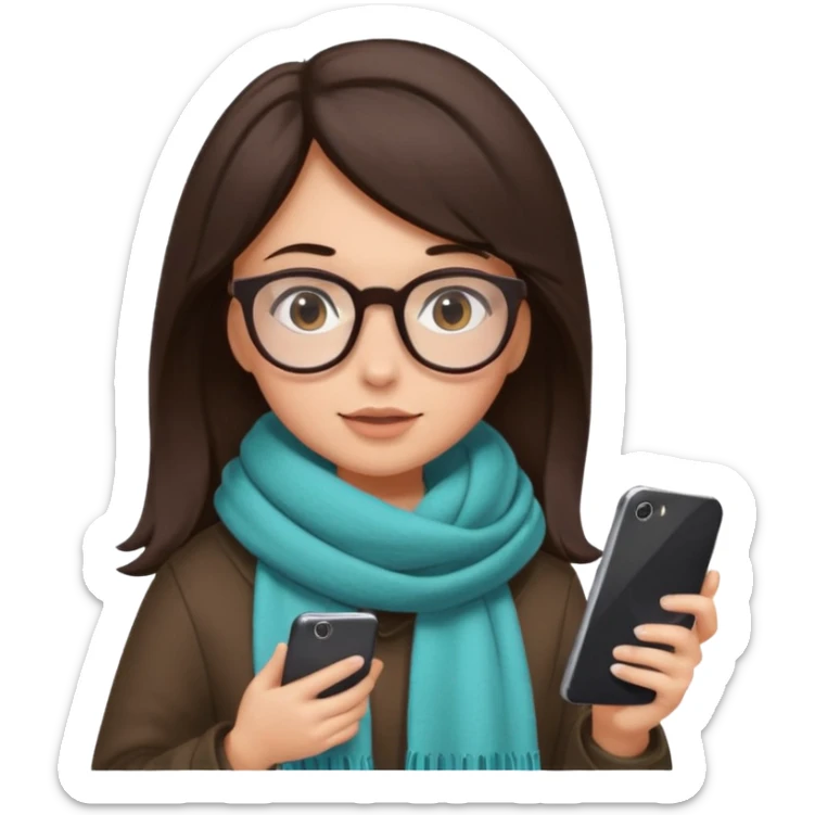 Fille châtain foncé avec lunettes. Elle porte une grosse écharpe. Elle est sur dans un toilettes. Téléphone en main sticker