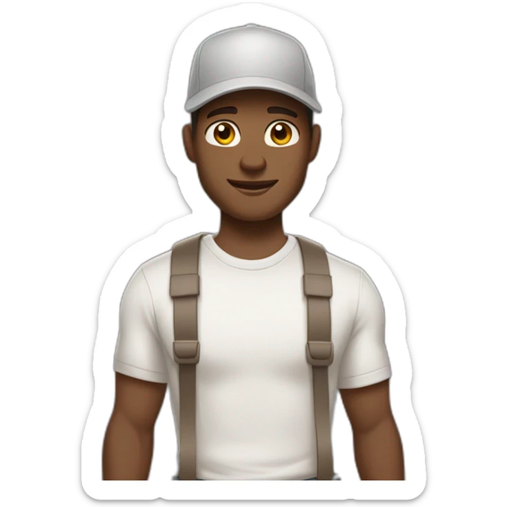 Pale skinned fit Man with dark brown hair in a light gray cap, dark brown jeans, brown polo and white T-shirt keeping a pasted with tape white box into his hands sticker