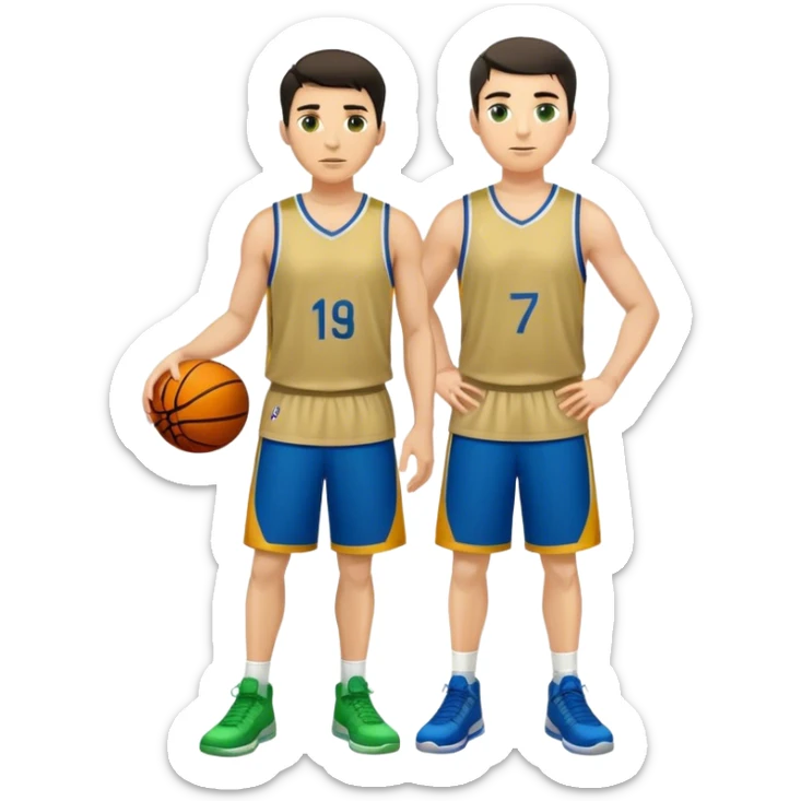 Full Body  white male basketball player with short dark hair gold t wearing blue and green unifrm sticker