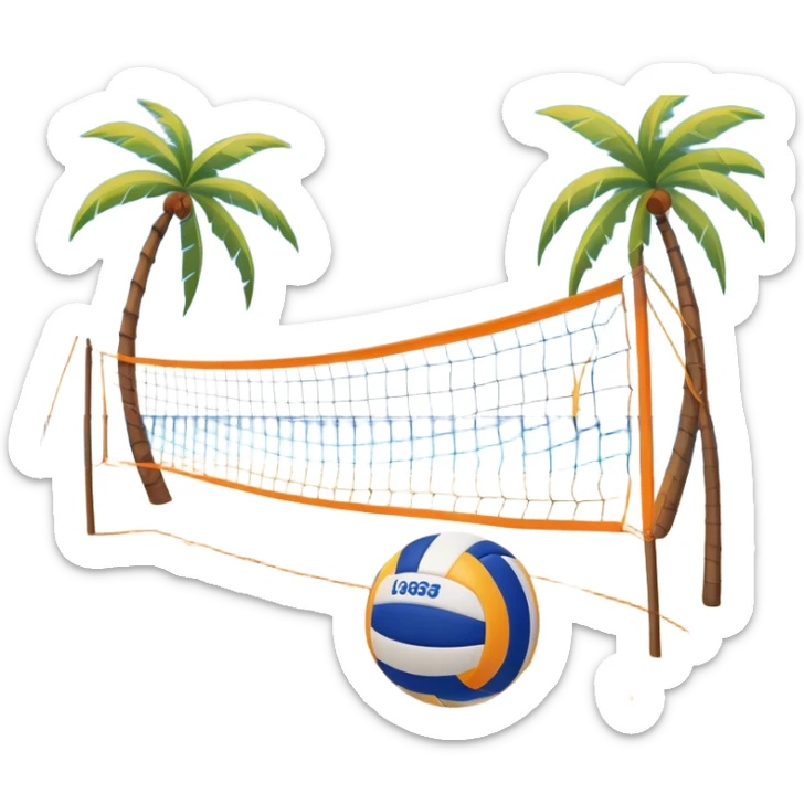 A volleyball resting on the orange sand ground of a beach, with a volleyball net in the background. The scene captures a sunny beach atmosphere with clear blue sea and sky, palm trees swaying, and people in swimsuits enjoying the vibrant surroundings sticker