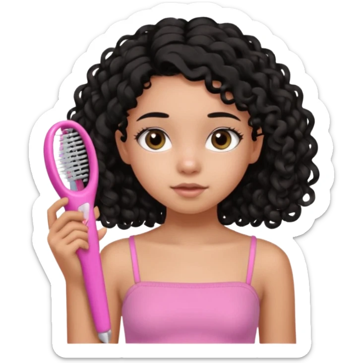A black 12 yr old girl brushing her shoulder length hair, doe eyes, almond eyes pink tube top and black hair like the 3rd sticker