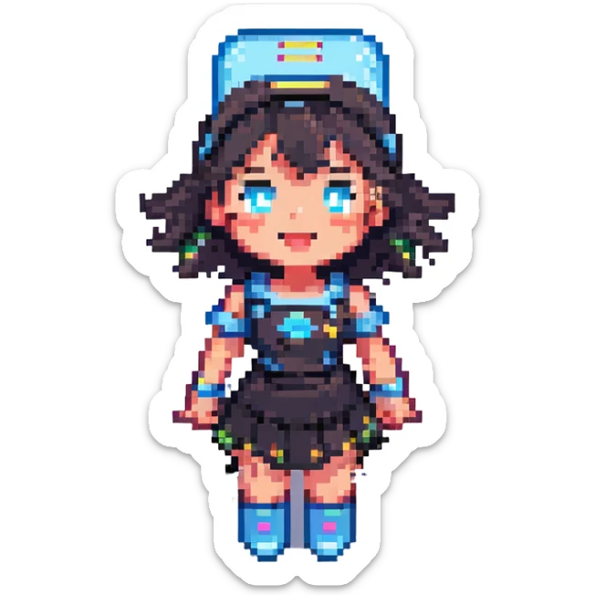 pixel art of a battery girl character, cheerful and energetic, feminine features, bright colors sticker
