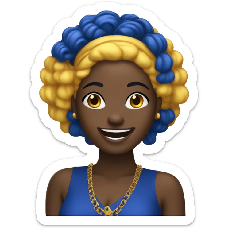 1 laughing Black Girl with straight royal  blue hair with yellow gold and royal blue dress sticker