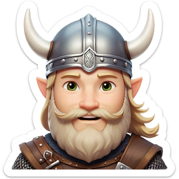 Clash of Clans aesthetic: Cinematic Playful Viking Portrait Emoji, Head tilted with a cheeky grin and twinkling eyes, featuring a compact, charming build with a modest, stylized Viking helmet and a playful beard, his face rendered in natural skin tone, Simplified yet irresistibly charming features, highly detailed, glowing with a warm, inviting radiance, high shine, spirited and lively, stylized with an air of whimsical Nordic mischief, soft glowing outline, capturing the essence of a playful Viking exuding friendly rogue charm! sticker