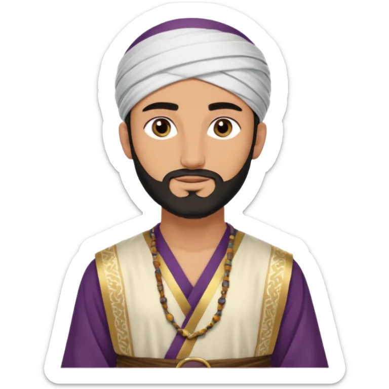 
-Apariencia: Joven de unos 25-30 años, atractivo,.
-Rostro: Ojos oscuros, piel ligeramente morena, rasgos árabes finos.
-Cabello: Negro, algo rizado o suelto, con barba fina.
-cuerpo entero  puede llevar una túnica más oriental, con faja y turbante sencillo con sandalias sticker