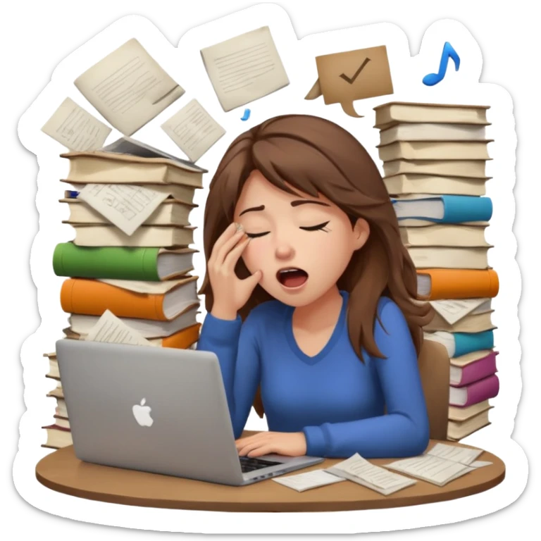 female tired blogger with a laptop, yawning, messy hair, stacks of notes, dim lighting sticker