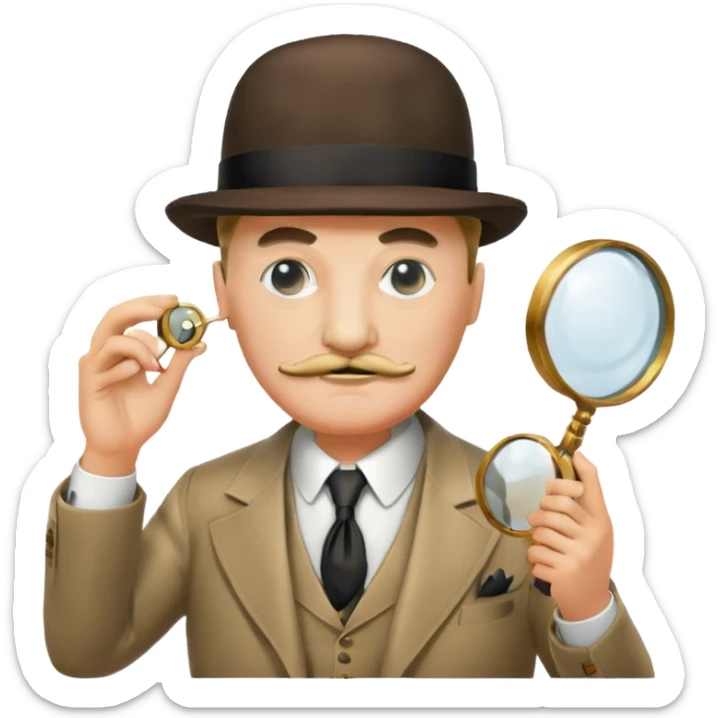 A cinematic-style frame showing Hercule Poirot in his iconic suit, with a magnifying glass, in a dramatic detective pose. Background should be dimly lit with an air of mystery, reflecting the atmosphere of a classic detective film. Transparent background. sticker