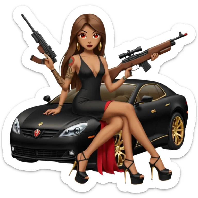 Lilith tan skin female red eyes symbol. Tattoo arms. Her hair is brown straight long hair.wearing sexy long sexy dress with slit. black stiletto thick platform high heels shoes on. Sitting on gold giant luxury car with cash inside . She is holding a sniper rifle in one hand cash in other hand sticker