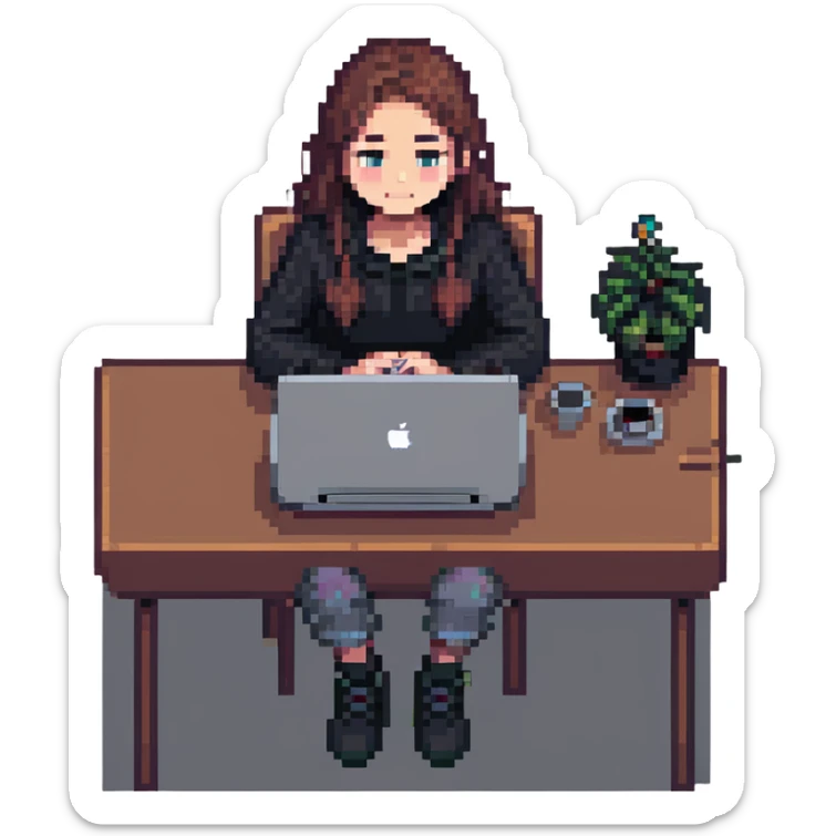 girl sitting at a desk with a MacBook, face partially hidden, cozy workspace, pixel art style sticker