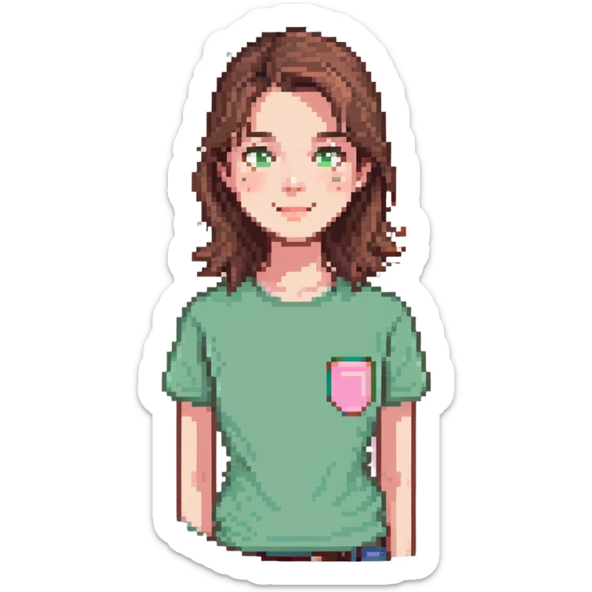teacher with brown hair, white skin, wearing a pink t-shirt sticker