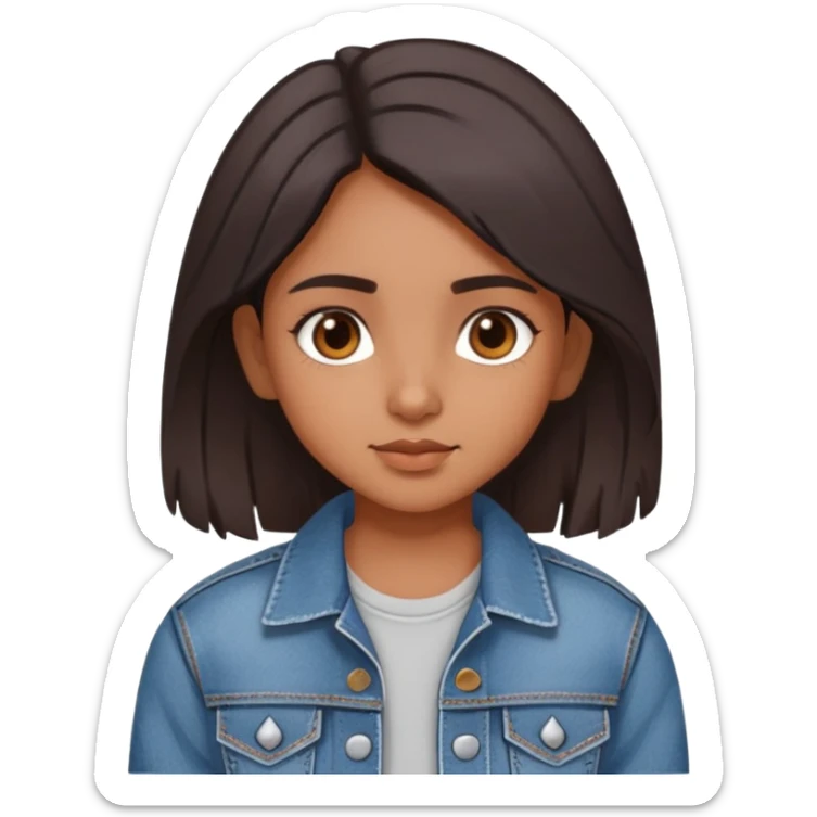 cute indian girl wearing denim jacket with short dark brown hair dark brown eyes middle part sticker
