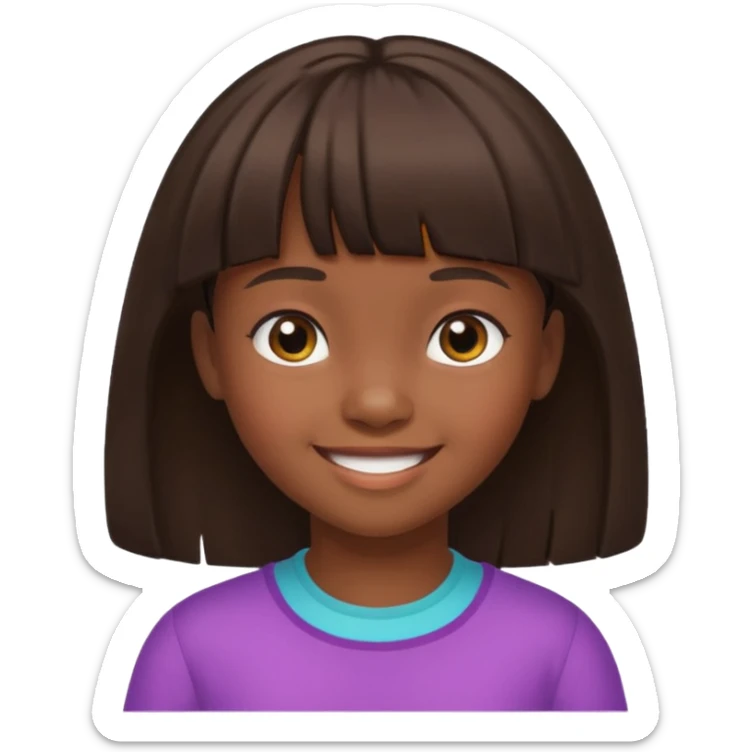 Head without neck of a 10-year-old girl with dark skin, brown hair, and bangs on her forehead. sticker