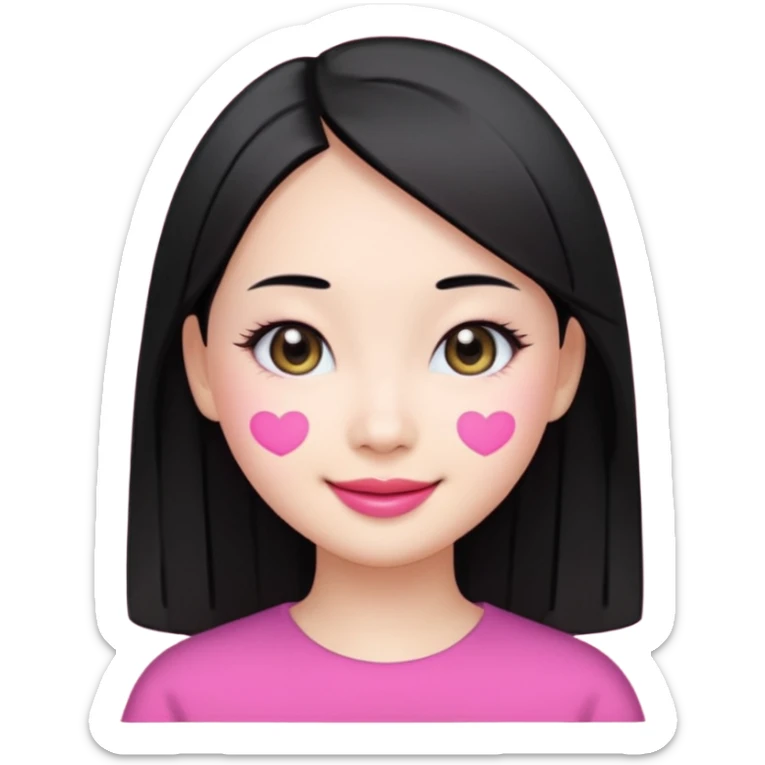 smiling young Chinese woman, black straight hair, white skin, oval face, large black eyes, pink lips, emoji style sticker