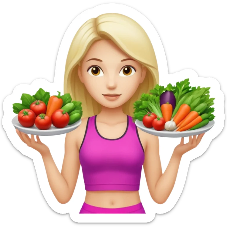 girl in sport clothes which give us the plate with vegetables sticker