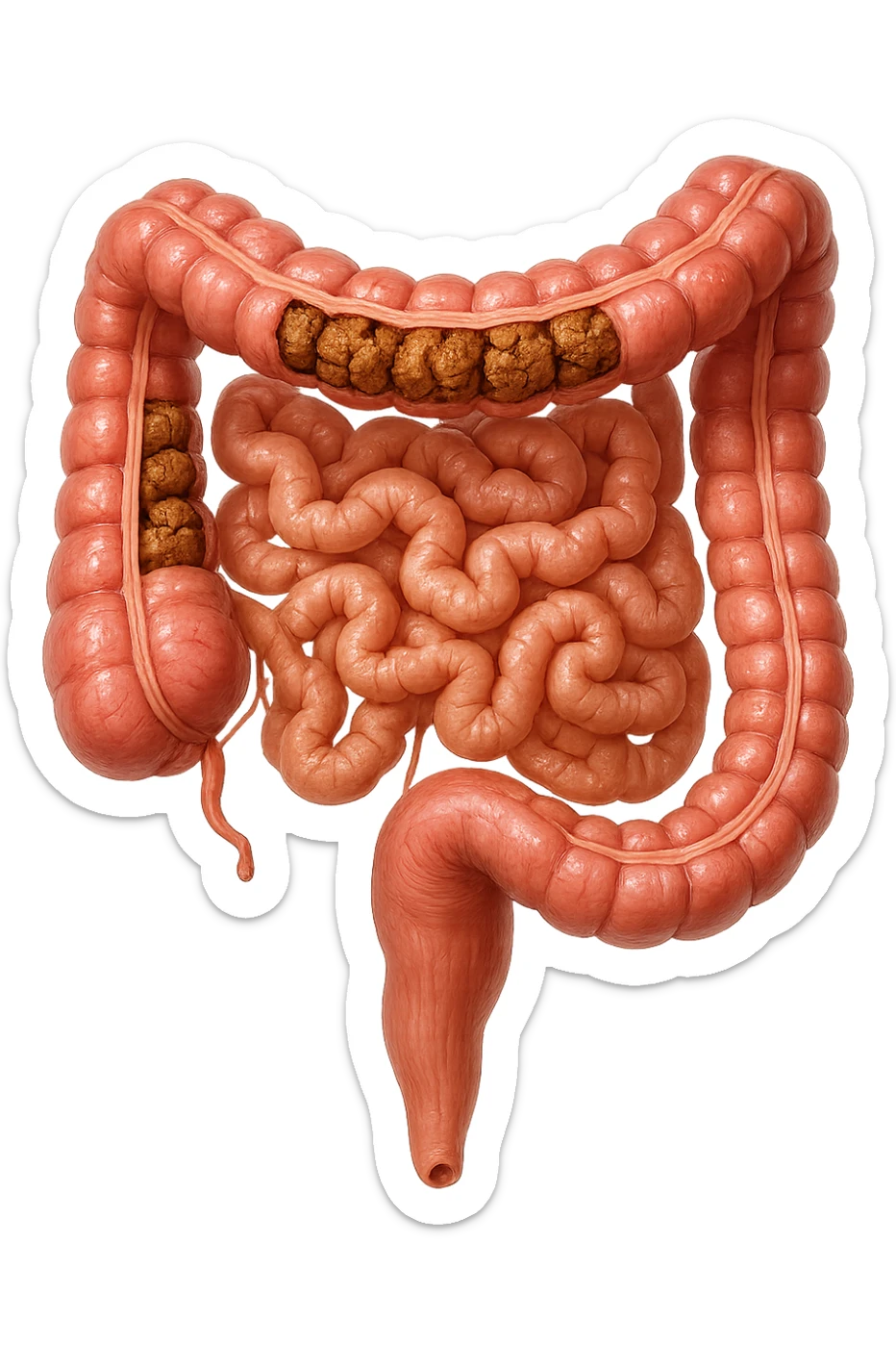 intestino umano anatomico con colon pieno di feci spezzettate, iperrealistica 4k sticker