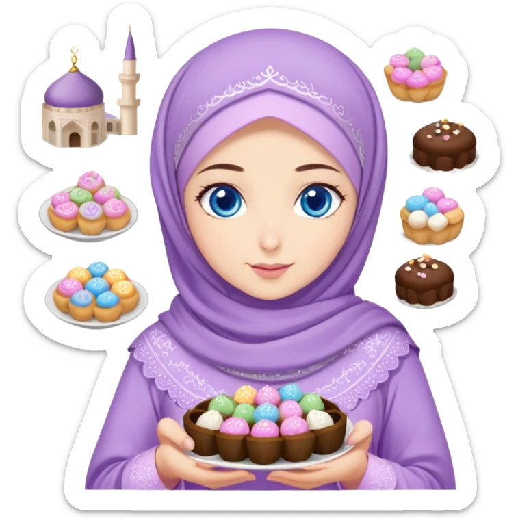 Turkish beautiful finish Konya girl blue eyes with lilac floral hijab islamic dress and had on her hand text Eid Mubarak with sweets and celebrating with her friends eid days   sticker