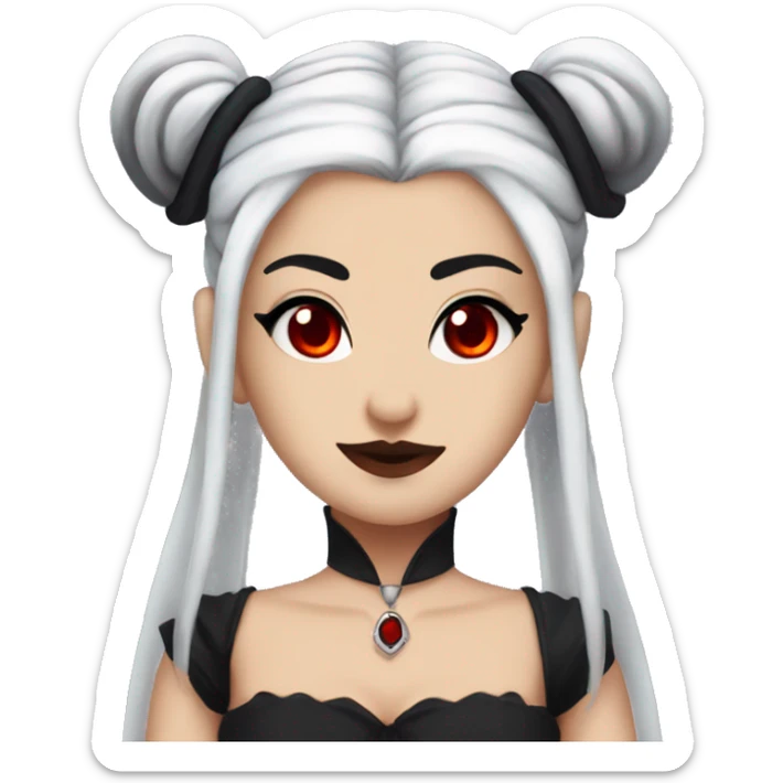 Vampire woman, white skin, pretty red eyes, half up half down black hair, two space buns on the top of her head sticker