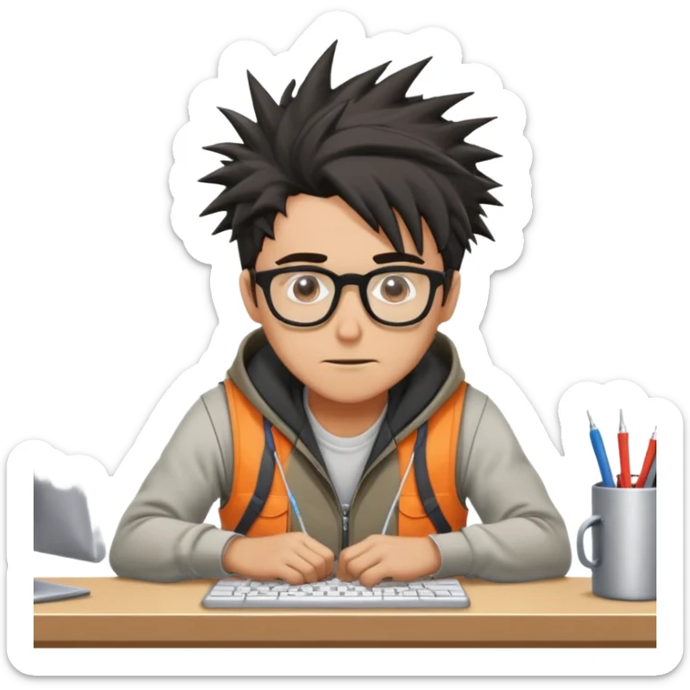 Gender: Male Hair: Messy spikes with natural black roots Face: Slightly wide nose bridge, thin glasses Clothes: Hoodie under company vest Action: Crawling under desk fixing cables sticker