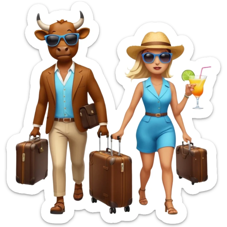 generate an emoji of a group of up to 8 male and female bulls travelling together on holidays. One bull has a suitcase, one has sunglasses, one is carrying a cocktail. They're all in motion, walking together. Make the characters look like bulls. They wear summer clothes. Suitcases are colourful sticker