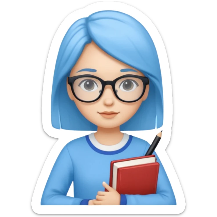 cute girl, glass, smart, Sky-blue colored clothing,
holding a book in one arm and a pen in the other hand.Holding a pen in the right hand as if teaching.Wearing black glasses, with a smart and bright-looking face. sticker