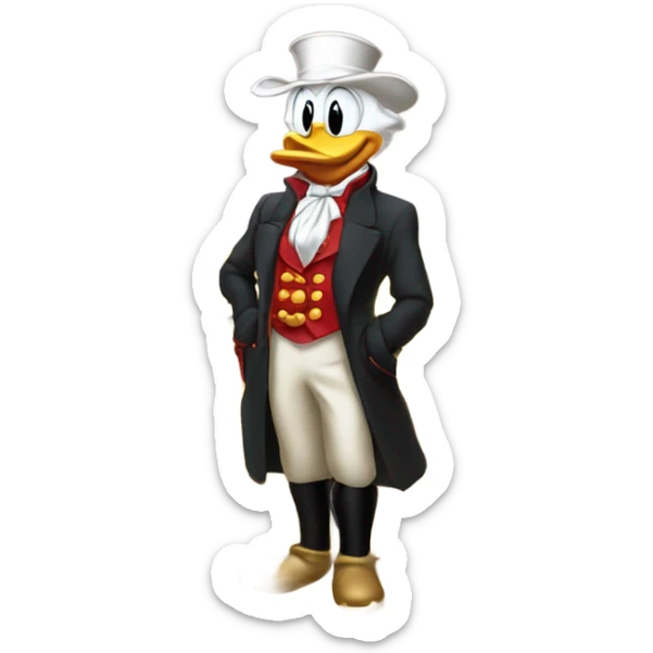 a slim successful looking scrooge mcduck standing atop a pile of money sticker