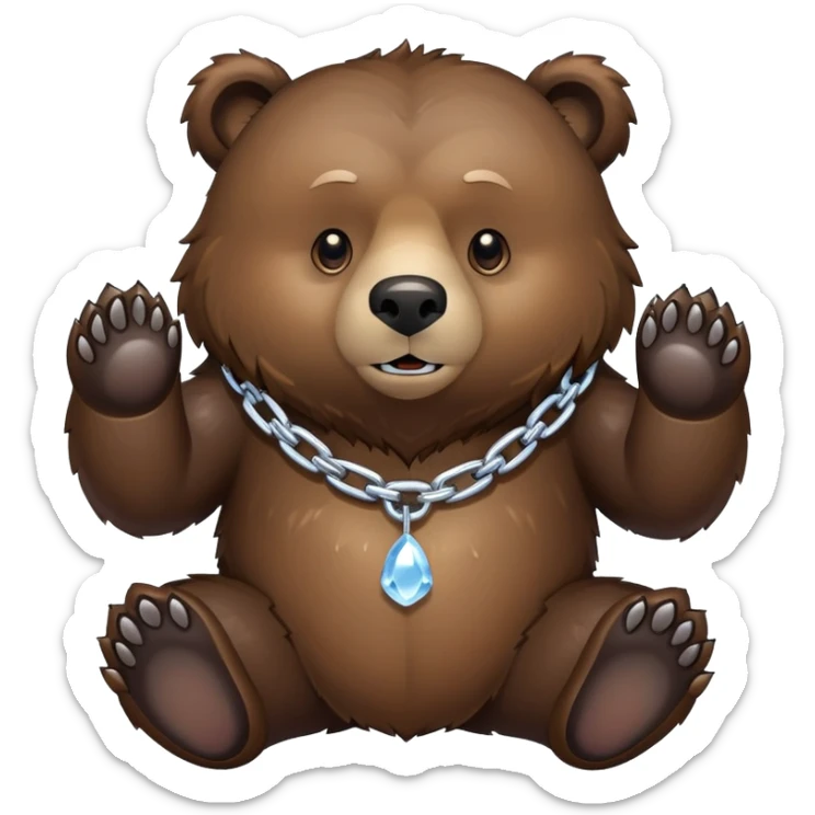 Complete view of serious grizzly bear on four paws, dark brown fur, whole body shown from head to tail, thick ice chain collar sticker