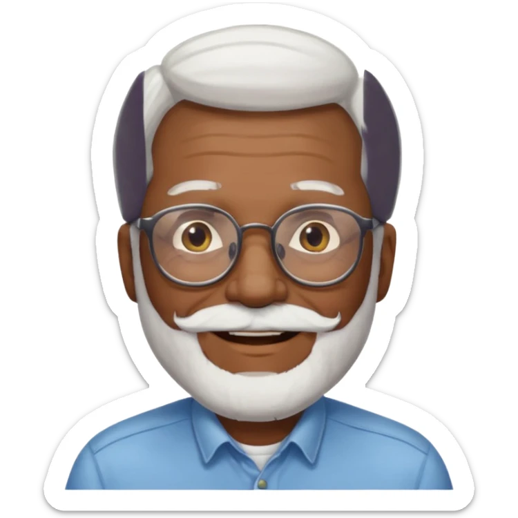 An elderly man emoji with medium-dark skin tone, white hair on the sides, glasses, light eyebrows, and a light white beard. sticker