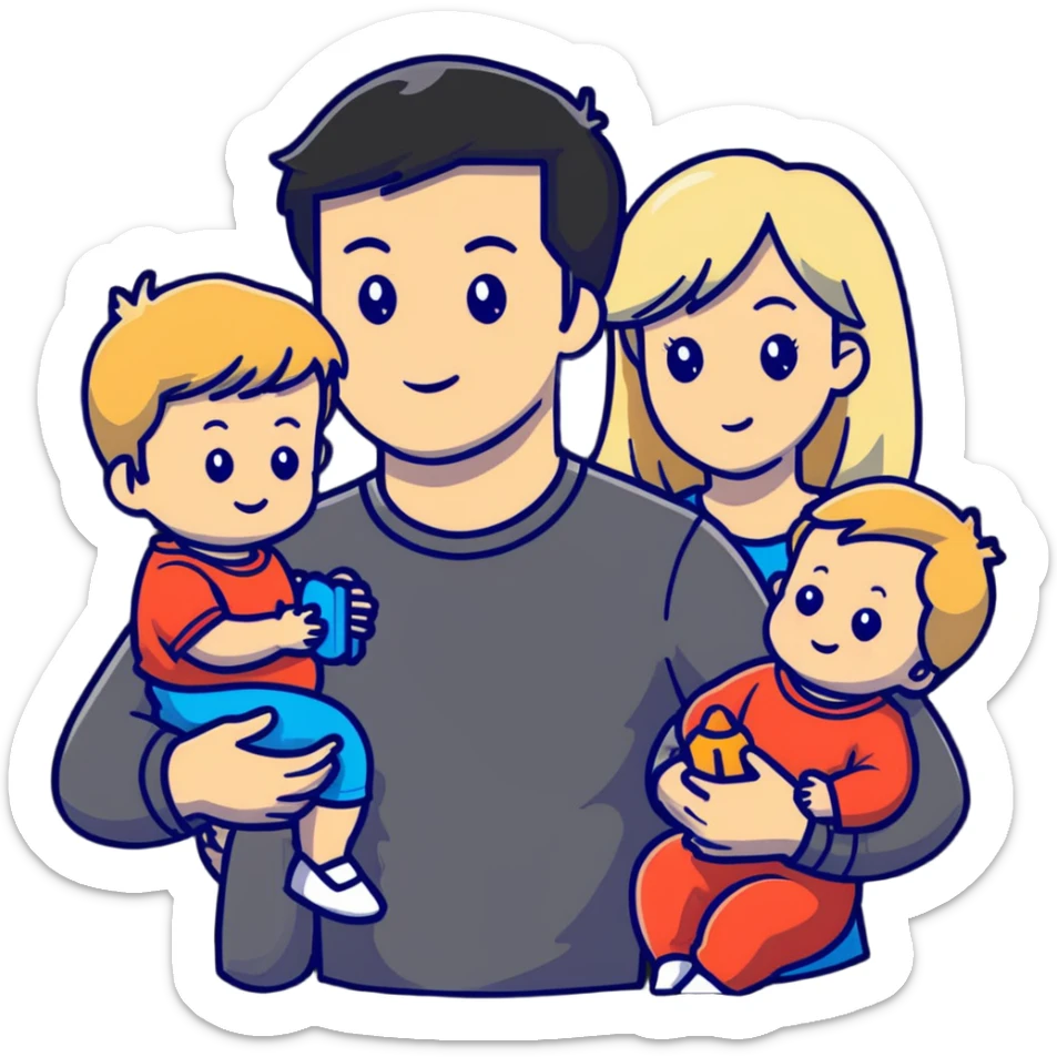 family with blond dad, brunette mom, blonde son, daughter with black hair, and a baby sticker