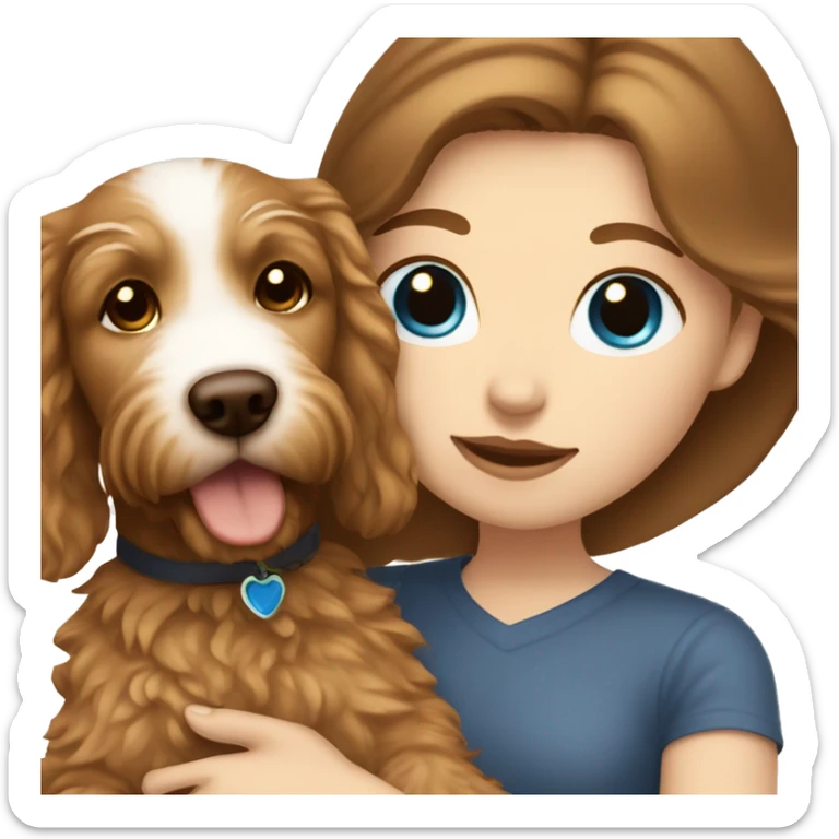 white girl with long, straight brown hair and blue eyes holding a golden doodle puppy  sticker