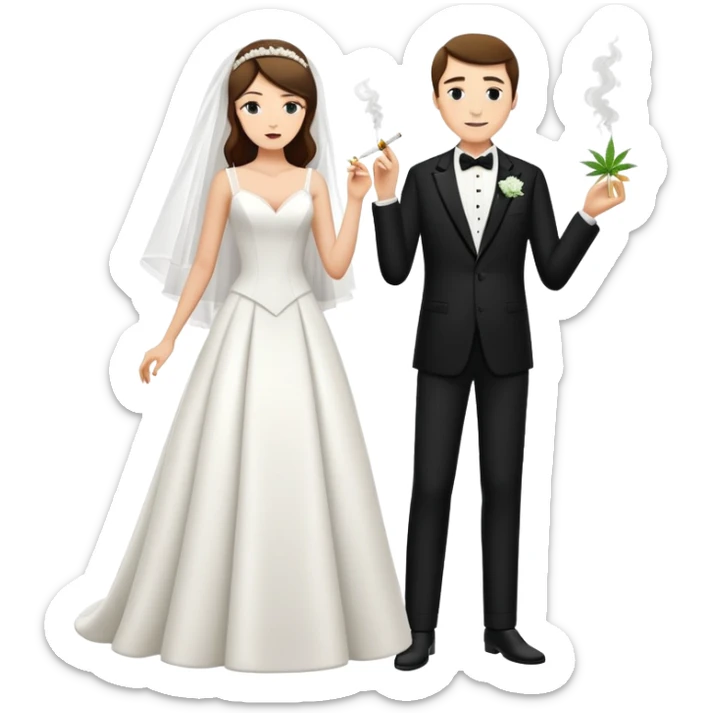 A bride in white wedding dress and groom in tuxedo, full body, smoking cannabis, side by side sticker