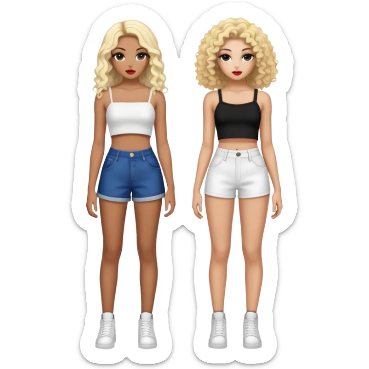 Full body of two teenage girls standing together, one white with straight blonde hair and one brown-skinned with curly black hair, both with heavy makeup, big lips, crop tops and choni style clothing sticker
