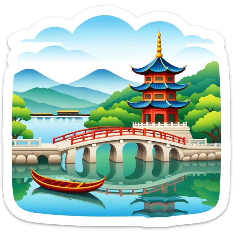 Hangzhou West Lake with traditional boat and bridge, simplified emoji style with bold outlines and bright colors, cartoon style pagoda by lake sticker