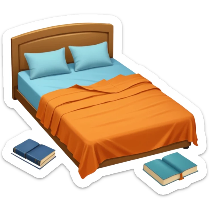 bed with a wrinkled light blue blanket, cream mattress, and one pillow out of place on the floor. Around the bed, scattered items include an orange t-shirt, greenish-blue pants, and an open book on the floor. The background is transparent sticker