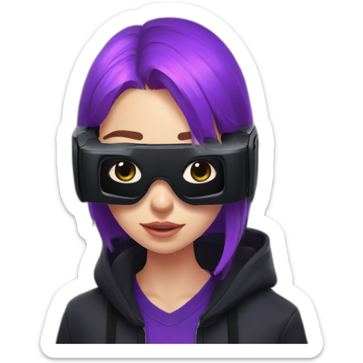 Russian student wearing black hoody with violet letters "OMG", in vr headset. Cyberpunk style. Violet neon. sticker