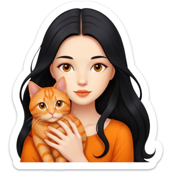 beautiful girl with long flowing black hair holding an orange ginger cat sticker