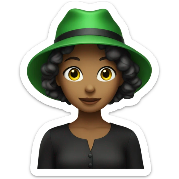 girl in black dress doorway with green hat sticker