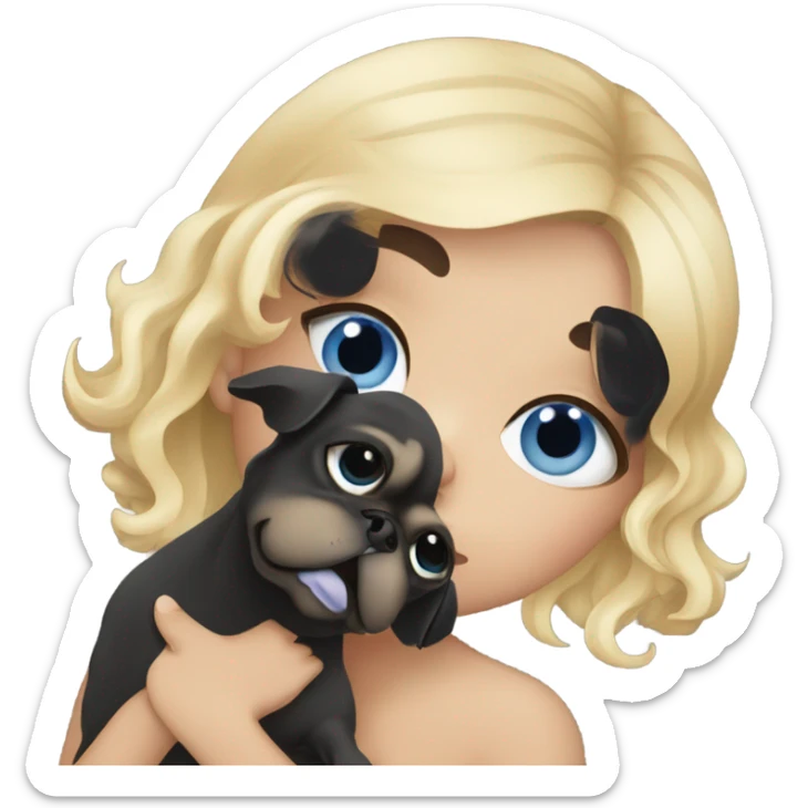 Girl with wavy blonde hair and blue eyes kissing a black pug sticker