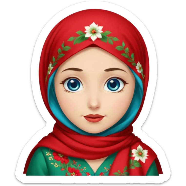 Turkish beautiful finish Konya girl blue eyes with red floral hijab and green red dress and she winked  sticker