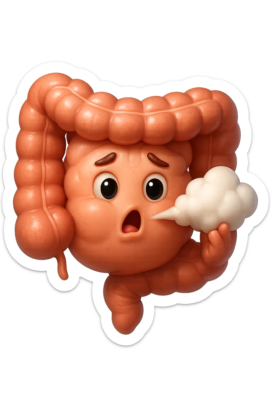 emoji stile iphone di un intestino che ingoia una nuvoletta di aria ben visibile e gli si gonfia la pancia, non fargli il naso, iperrealistico 4k sticker