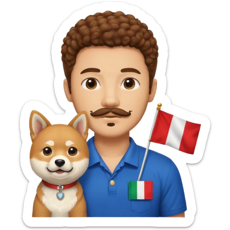 Italy flag shirt boy with mustache beard brown curly hair next to Shiba Inu sticker