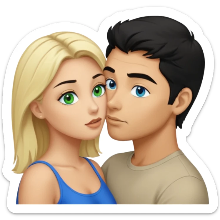 Man with blue eyes black Hair licking blonde Woman Green eyes naked breast  sticker