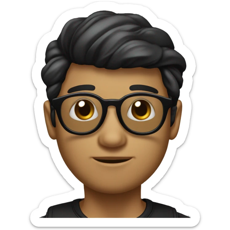Persona tono piel blanco medio con cabello negro, ojo cafés, peinado hacia delante y con gafas cool sticker