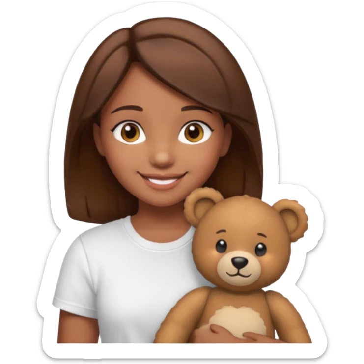 A Girl with Brown hair and Brown eyes with a t-shirt White. The t-shirt have dels a Teddy bear sticker