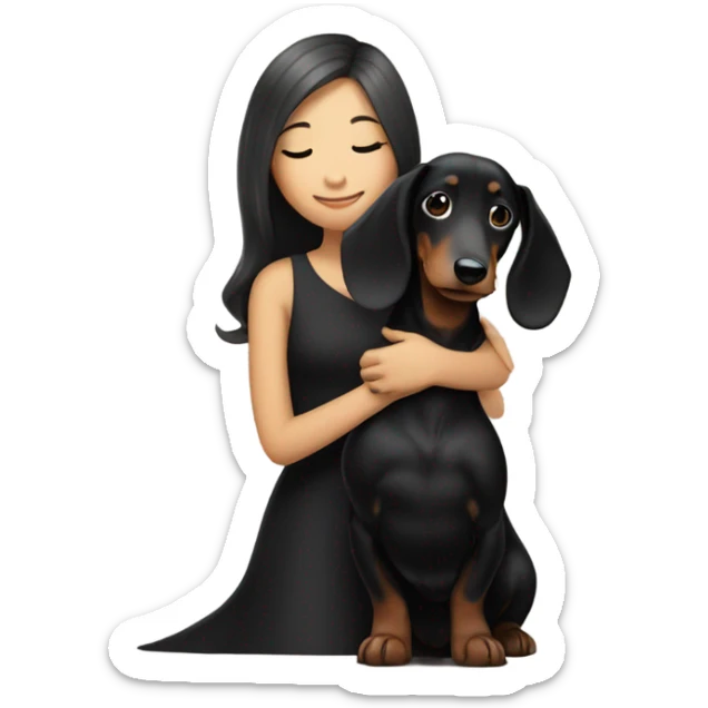 an Asian girl with long hair, wear black dress, hugging a black and tan long haired dachshund sticker