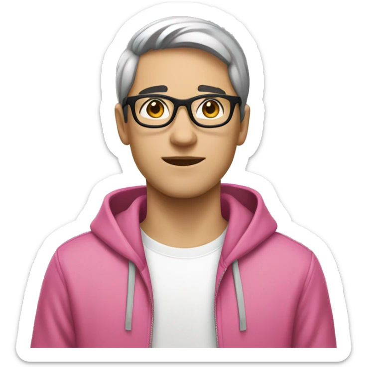 young guy with white skin, short black hair and rounded silver glasses with a pink hoodie on sticker