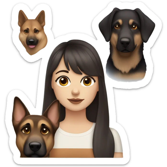 girl with dark brown hair, bangs, blue eyes and soft brown lips, fair skin and a German Shepherd dog sticker