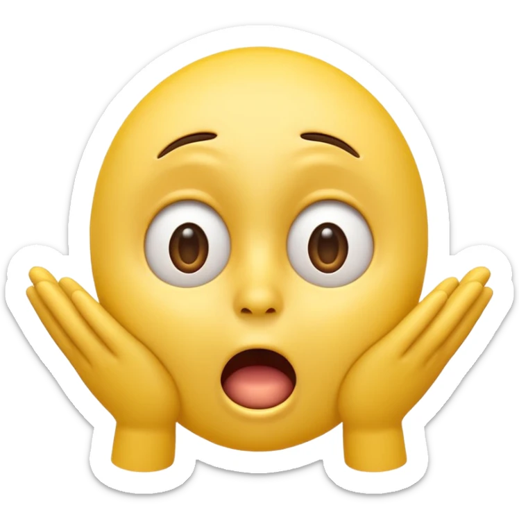 A 3D glossy yellow emoji of a shocked horrified face, with mouth and eyes are wide open, eyebrows  raised, and hands against their cheeks, face without nose, black background, high quality, soft studio lighting sticker